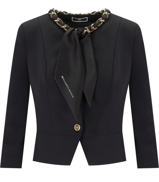 Shop Elisabetta Franchi Black Jacket With Chain Foulard Scarf