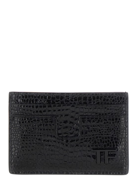 Tom Ford Black Card-holder With Tf Logo Detail In Croco Printed Leather