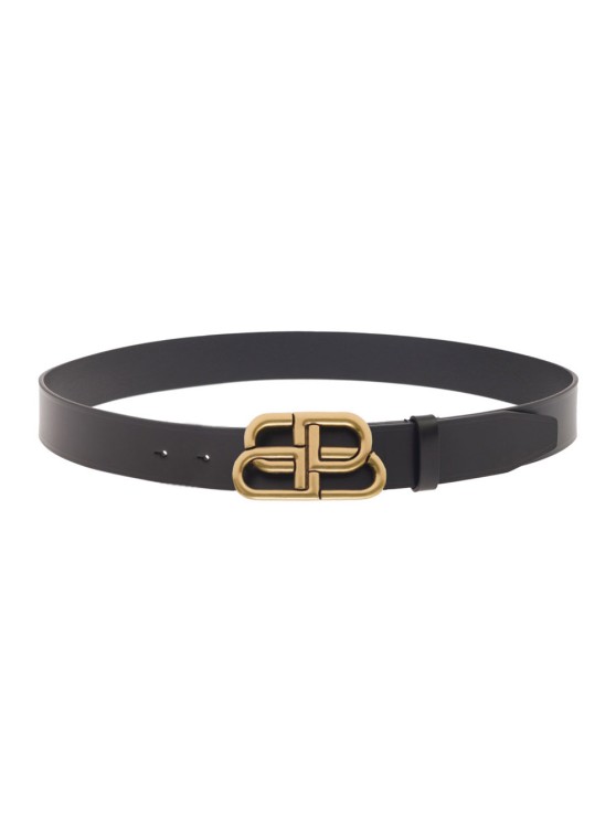 Balenciaga Black Belt With Interlocked Bb Logo Buckle In Smooth Leather In Metallic