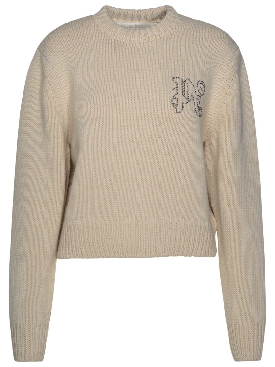 Palm Angels Monogram Embellished Knitted Jumper In Neutrals