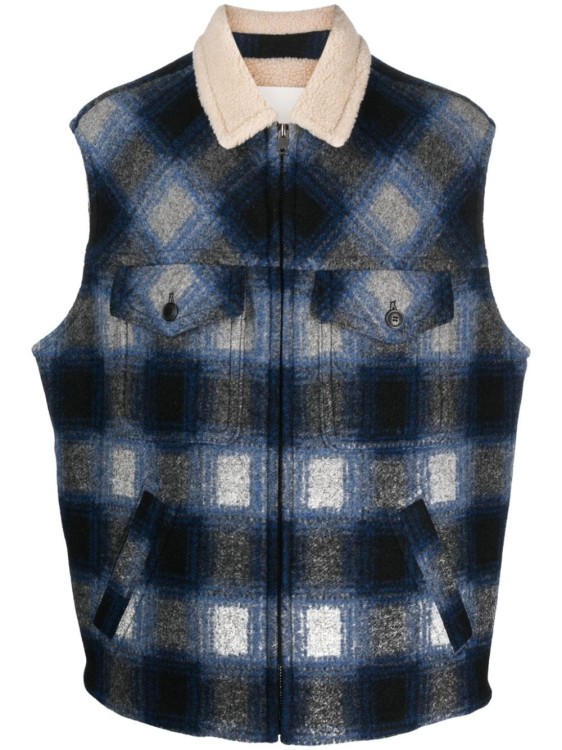 Shop Isabel Marant Blue Check Gilet With Shearling Collar