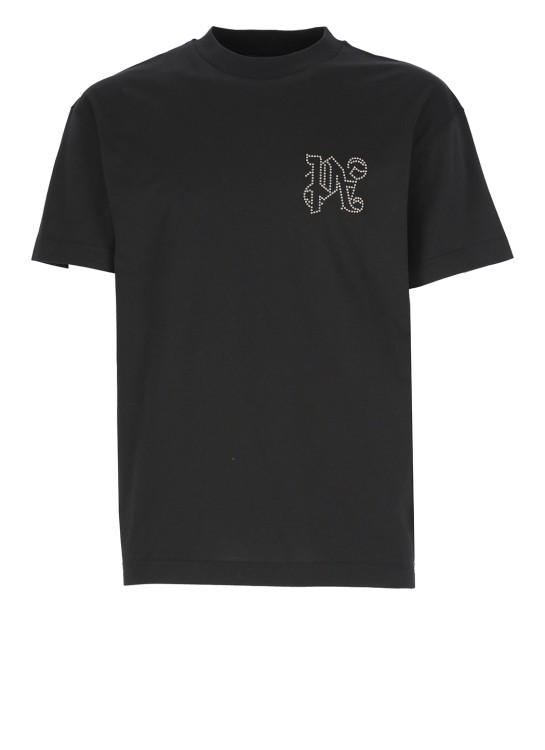 Palm Angels Mens Black Gunmetal Monogram Stud Cotton-jersey T-shirt