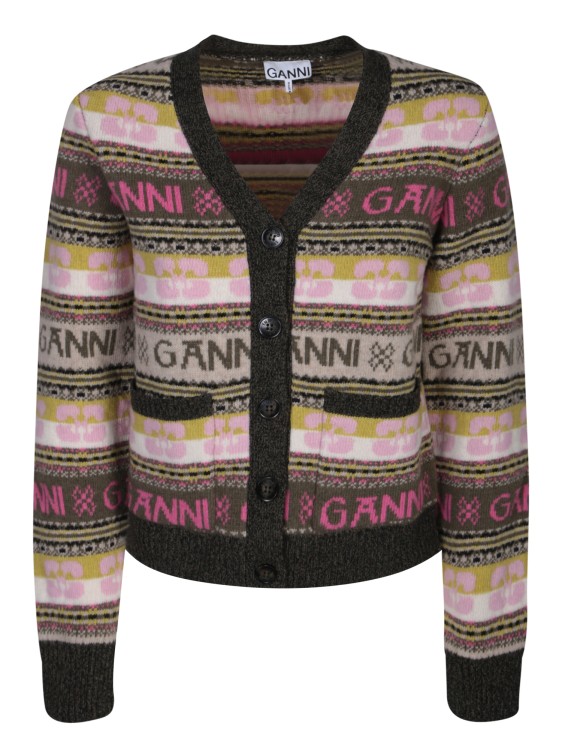 Ganni Green Logo Cardigan In Pink