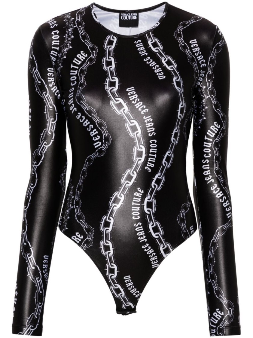 Versace Jeans Couture Black & White Chain Couture Bodysuit In Black