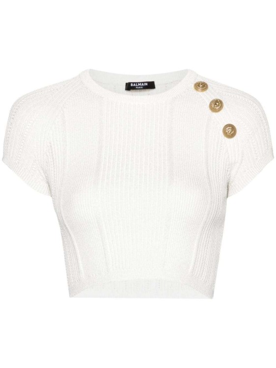 Shop Balmain 3-button Open-knit Cropped Top In White