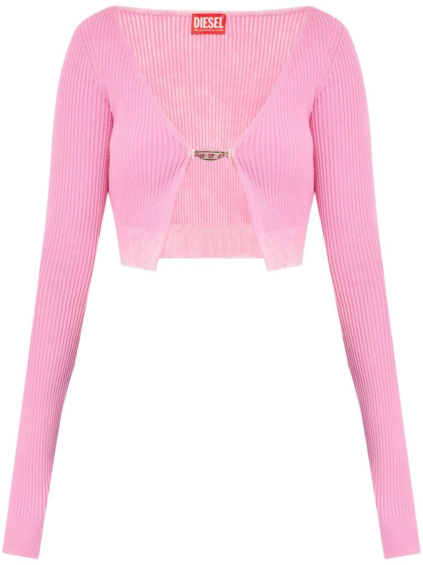 Diesel Ribbed Cropped Sweater With Iconic Closure Detail In Pink
