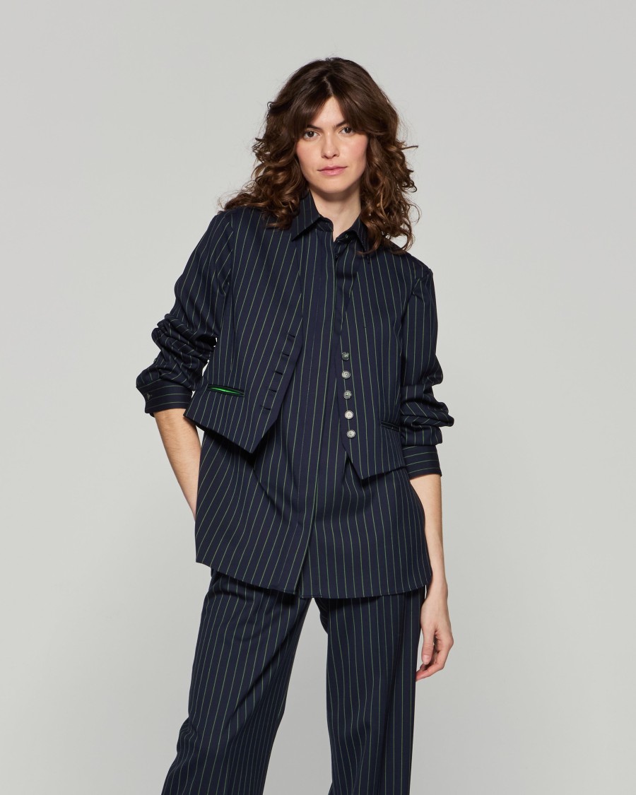 Serena Bute Wool Pinstripe Boyfriend Shirt - Black/pink In Blue