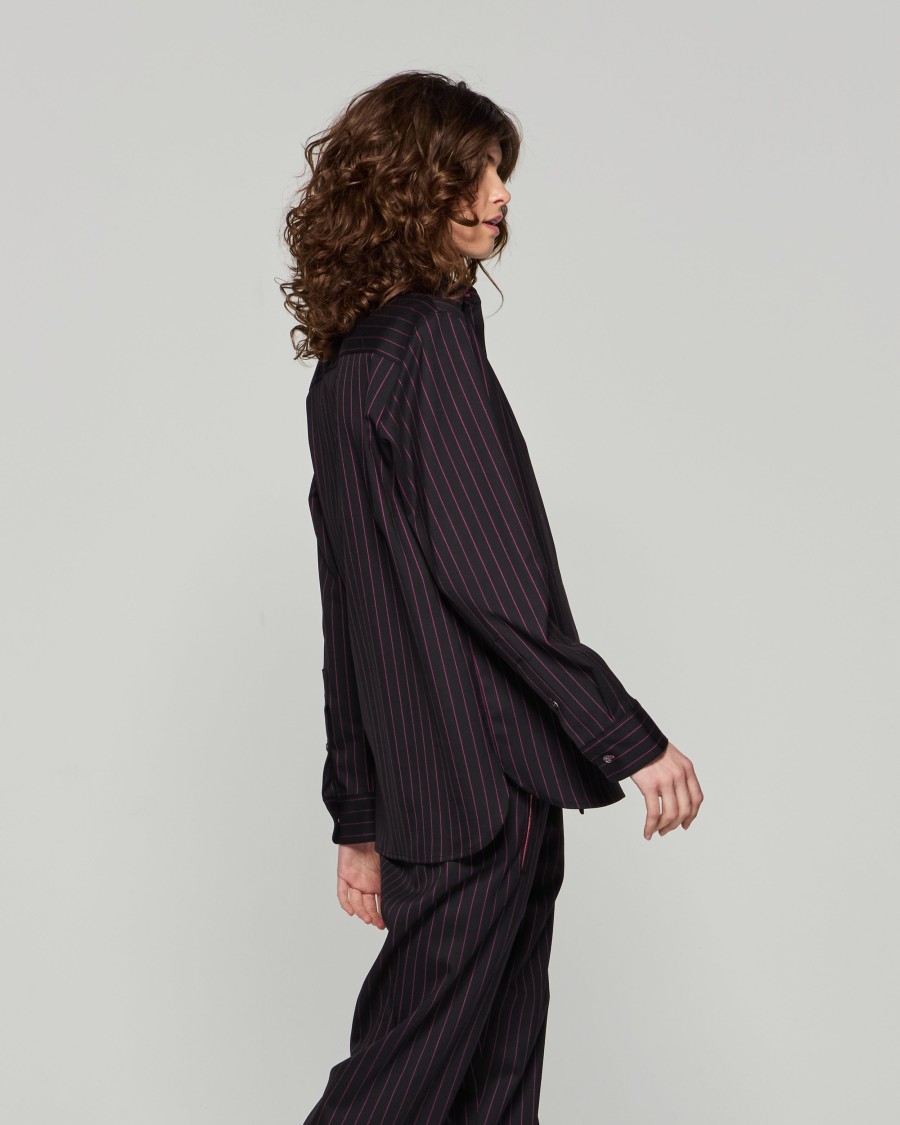 Serena Bute Wool Pinstripe Boyfriend Shirt - Black/pink In Black