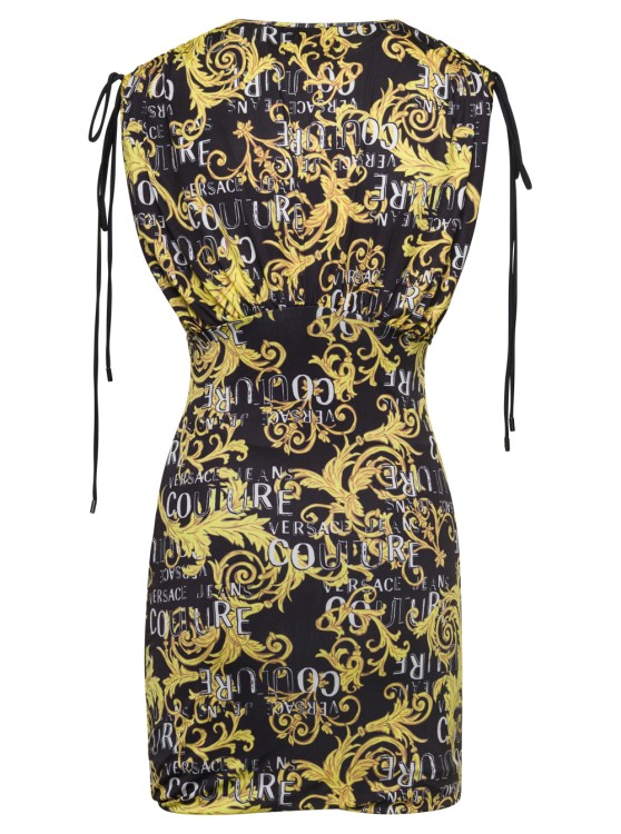 Shop Versace Jeans Couture Multicolor V Neck Mini Dress With All-over Couture Logo Print In Polyester In Grey