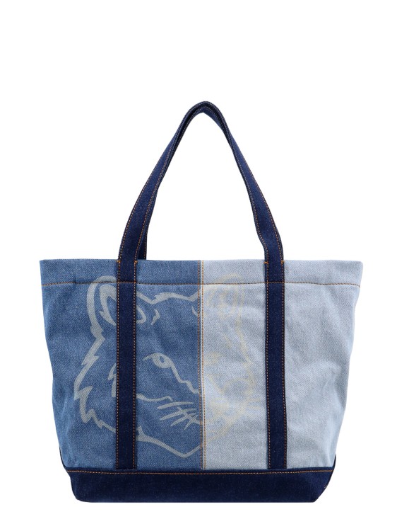 Shop Maison Kitsuné Denim Shoulder Bag Wit Iconic Print In Blue