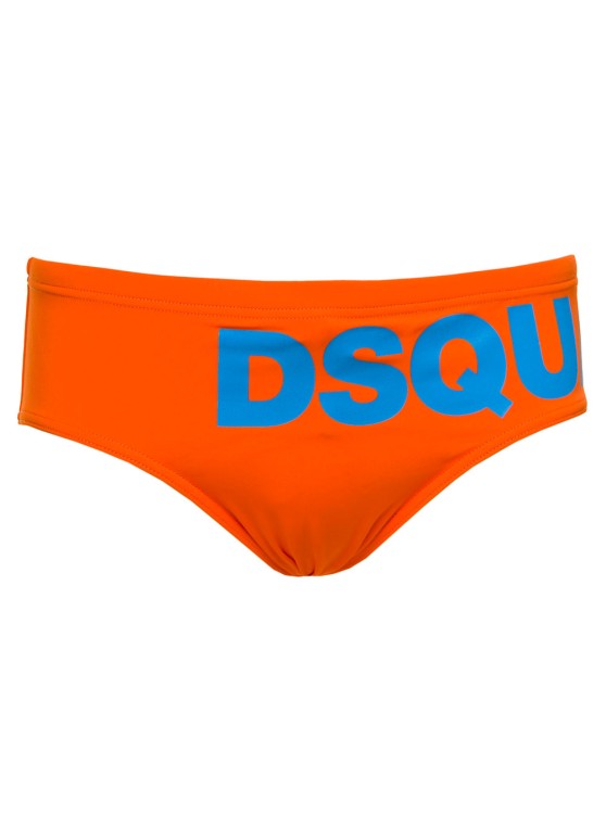 Shop Dsquared2 Orange Swim Briefs With Printed Logo In Polyamide