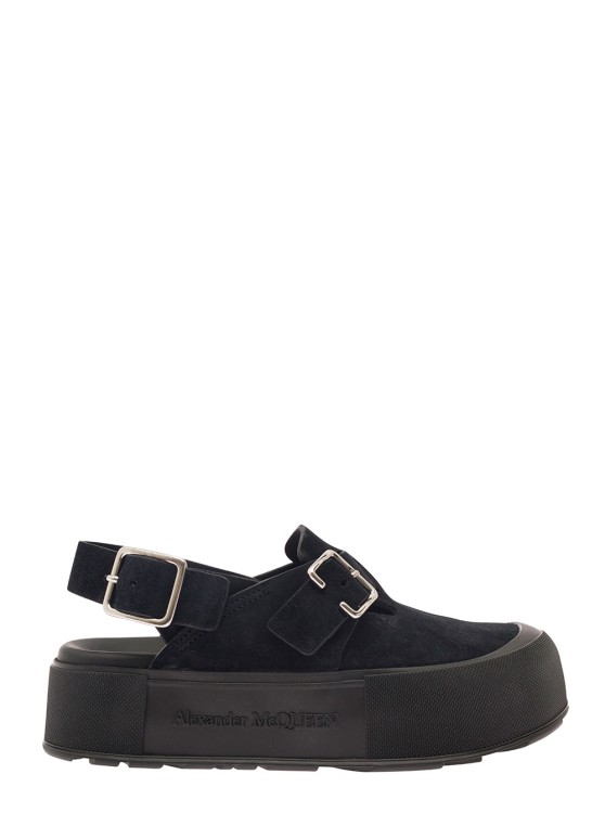 Shop Alexander Mcqueen Mount Slick' Black Close-toe Sandals With Platform And Logo Engraved In Leather