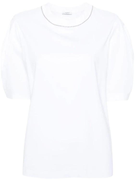Shop Peserico Bead-trim Stretch-cotton T-shirt In White