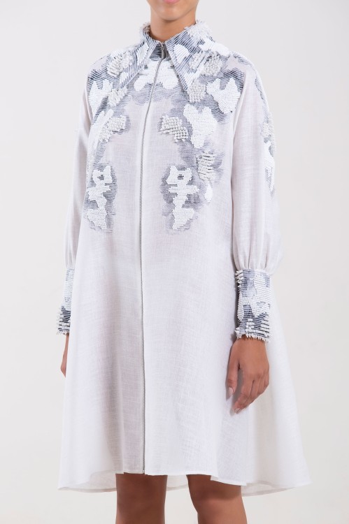 Shop Saiid Kobeisy Linen Beaded Dress In White