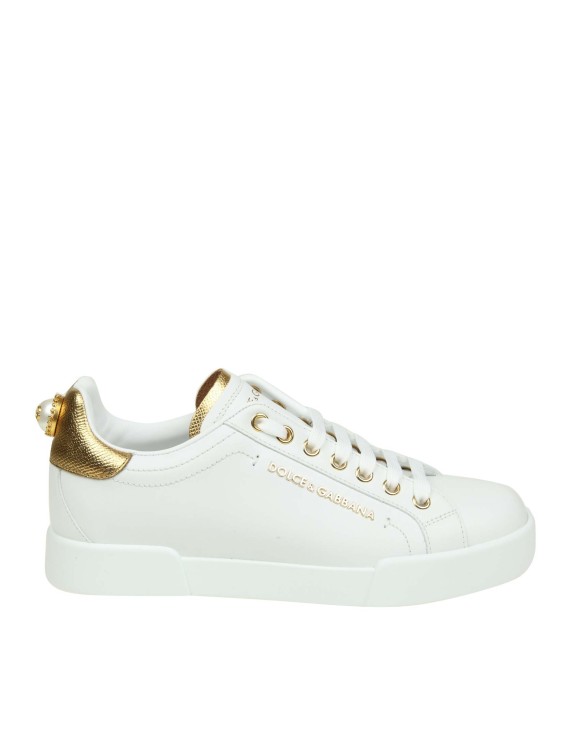 Shop Dolce & Gabbana Portofino Sneakers In White Leather With Logoed Pearl