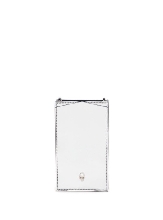 Alexander Mcqueen Silver-colored Phoce Case With Chain And Skull Detail In Laminated Faux Leather In White