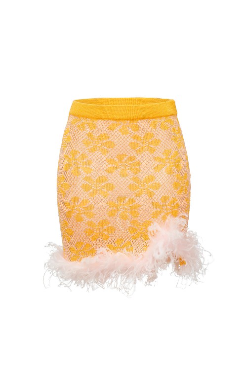 ANDREEVA MINI YELLOW KNIT SKIRT WITH FEATHER DETAILS,649f36cd-84db-01f3-59c2-b7ebe3e94870