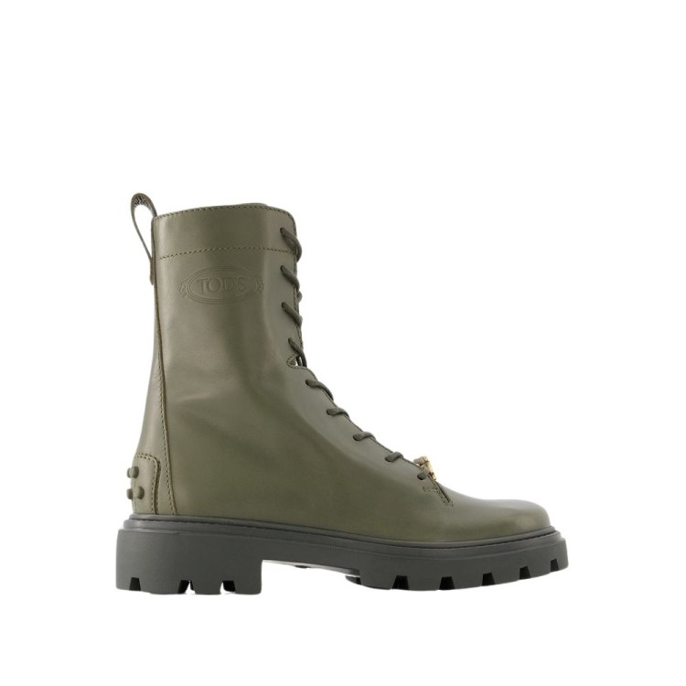 Shop Tod's Heavy Rubber Boots - Leather - Khaki In Grey