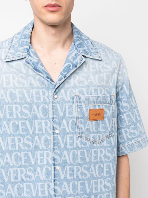 Shop Versace Allover Logo-print Denim Shirt In Blue