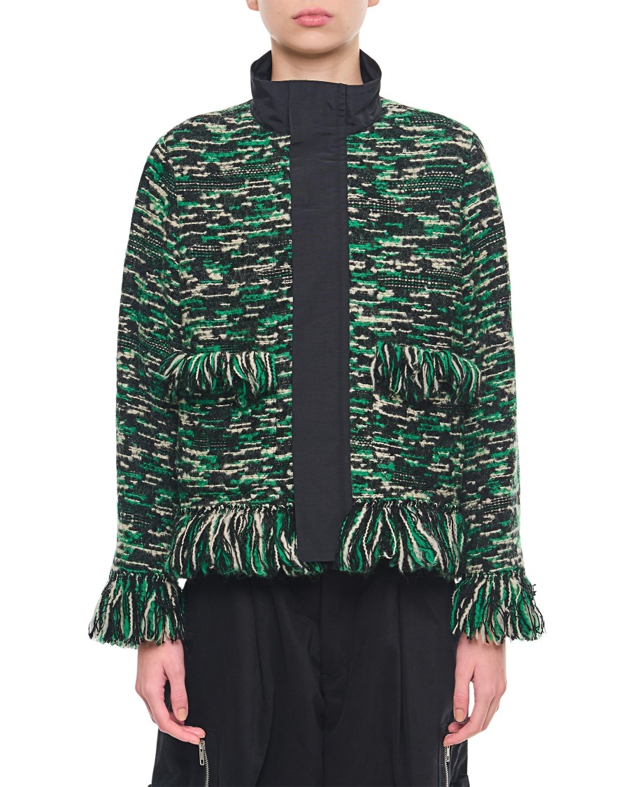 Sacai Mixed Media Fringe Wool Blend Tweed Jacket In Green