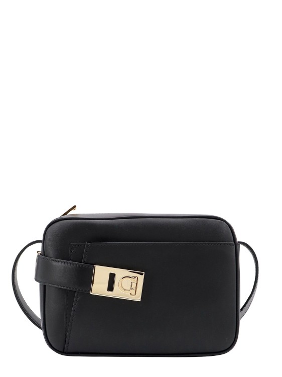 Shop Ferragamo Leather Shoulder Bag With Iconic Frontal Gancini Detail In Black