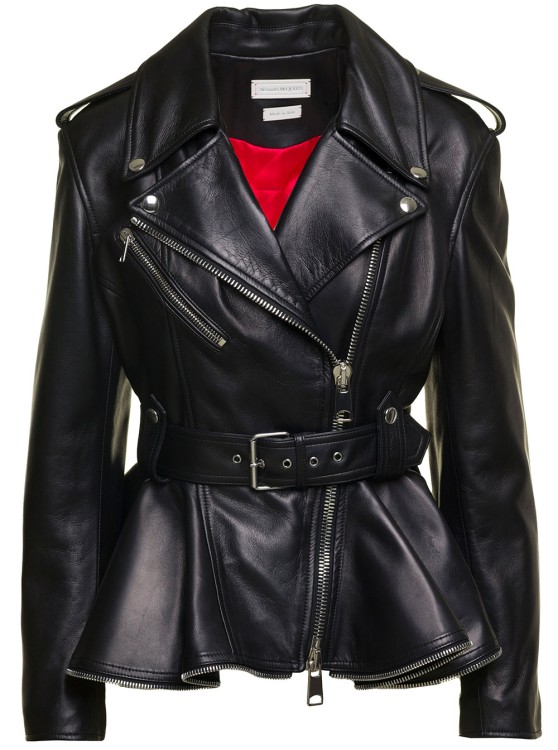 Alexander Mcqueen Black Biker Jacket With Peplum Hem And Belt In Smooth Leather