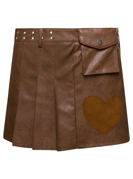 Shop Andersson Bell Arina' Brown Pleated Mini Skirt With Heart And Patch Pocket Detail In Faux Leather