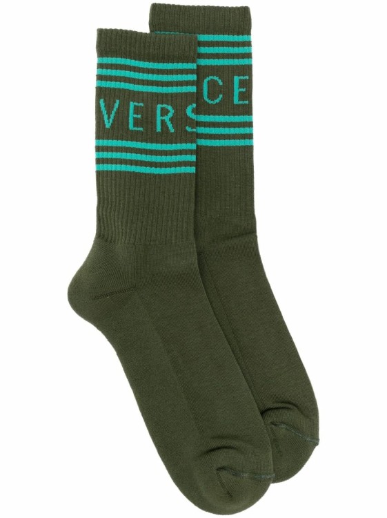 Versace Green Logo Socks In Black