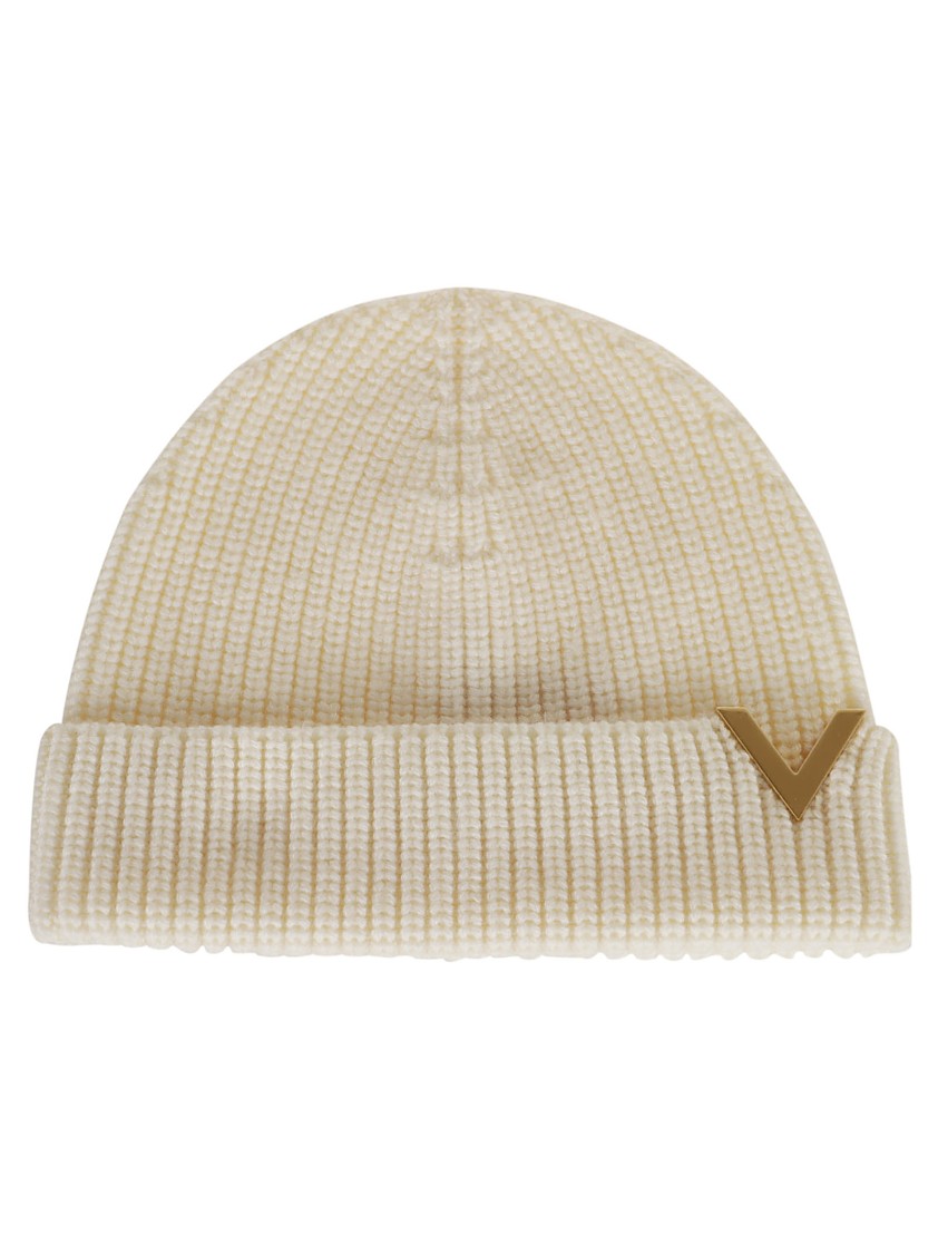 Valentino Cashmere Ribbed Folded Cuff Beanie Knitted In Neutrals