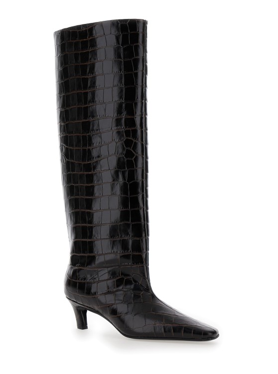 Shop Totême 'the Wide Shaft' Brown Pull-on Boots With Low Heel In Crocodile-embossed  Leather In Black