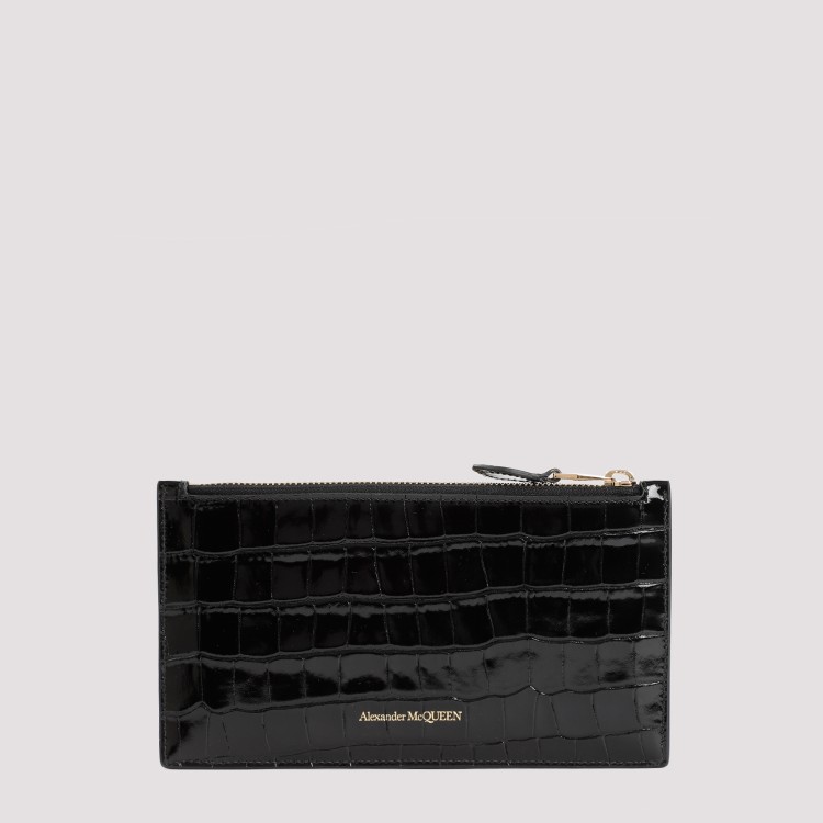 Shop Alexander Mcqueen Flat Zip Black Croco Embossed Calf Leather Wallet