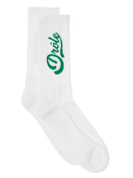 Drôle De Monsieur White Ribbed Socks With Green-colored Logo In Cotton Man