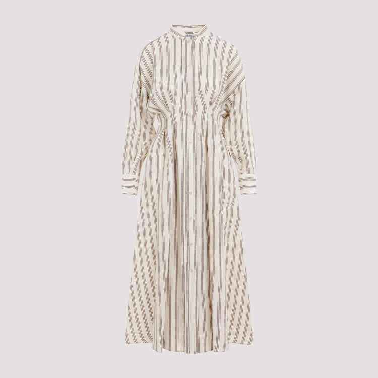 Shop Max Mara Yole Striped White Brown Linen Long Dress In Neutrals