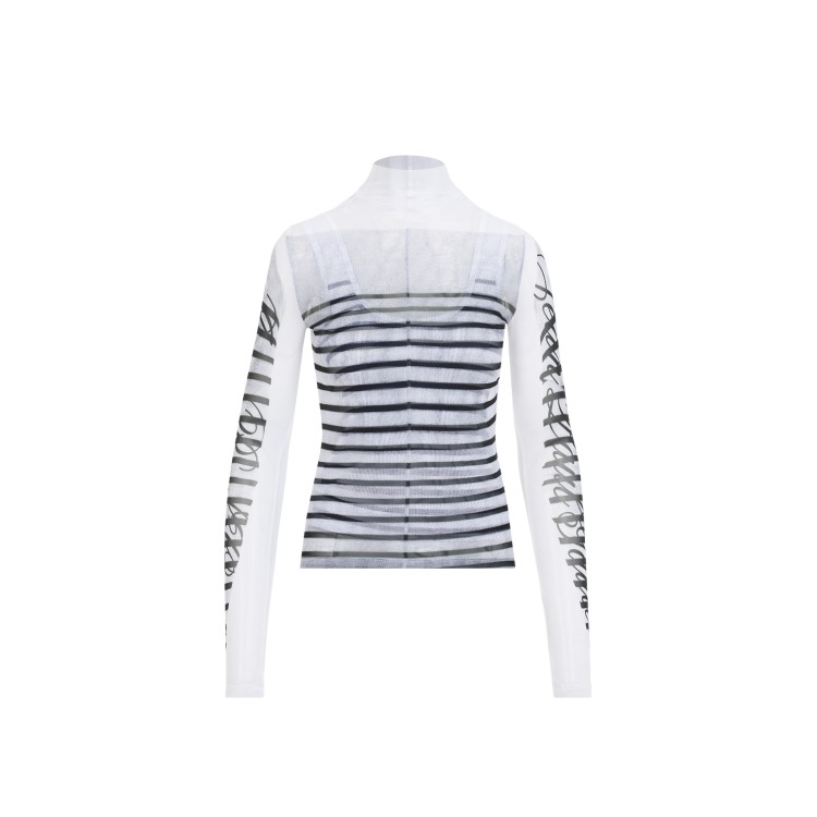Jean Paul Gaultier Spandex Mesh Printed Feathers Mariniere Top M In White