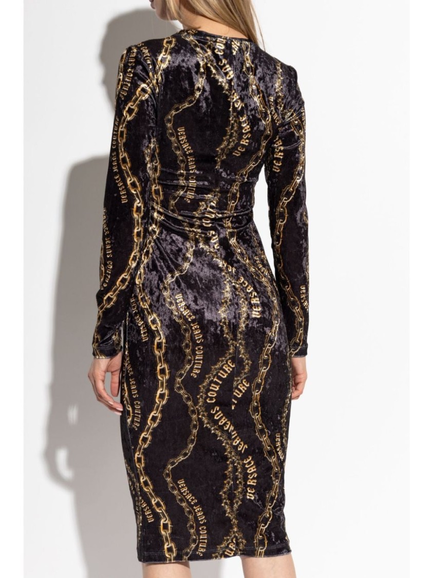 Versace Jeans Couture Black Chain Couture Velvet Midi Dress In Black