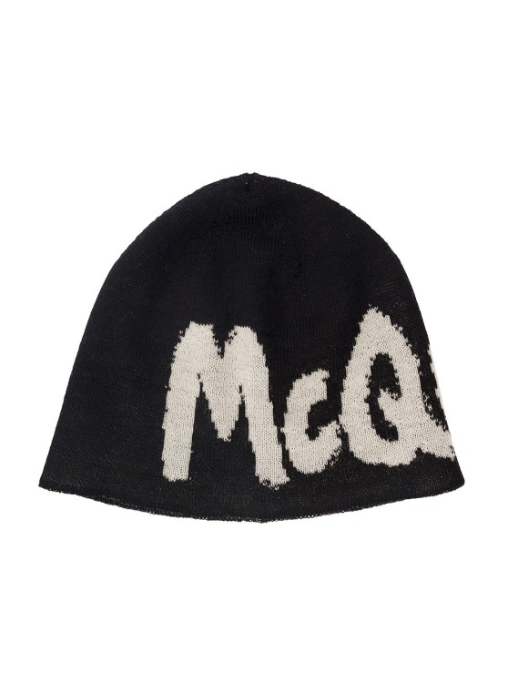 Alexander Mcqueen White Beanie With Contrasting Graffiti Logo In Wool In Black