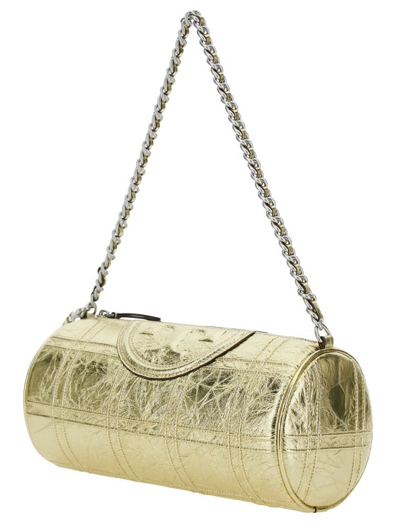 Tory Burch Gold Shoulder Bag With Embossed Double T Logo In Metallic Leather In Neutrals