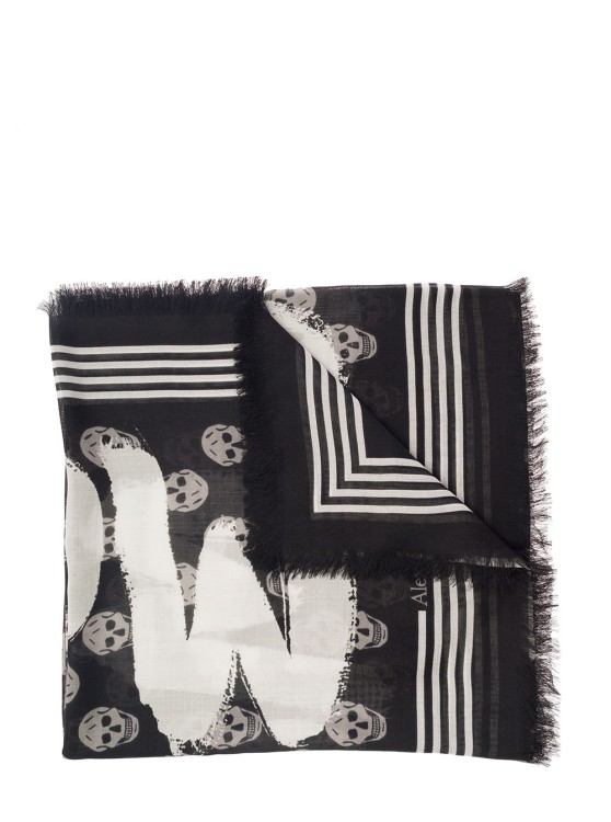 Alexander Mcqueen Black Scarf With All-over Skull Print And Graffiti Logo In Modal