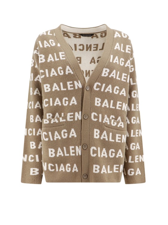 Shop Balenciaga Wool Cardigan With Allover Logo Intarsia In Neutrals