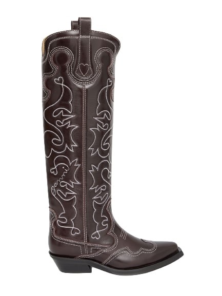 GANNI BURGUNDY EMBROIDERED LEATHER WESTERN HIGH BOOTS