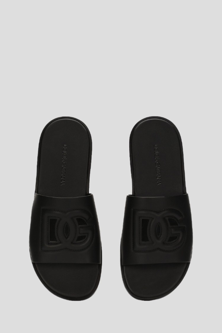 Dolce & Gabbana Black Sandals With Dg Logo Cut-out In Leather Man In Black