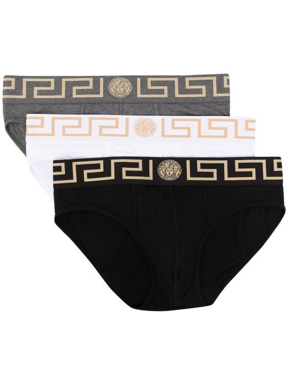 Shop Versace Multicolored La Greca Panties (set Of 3) In Black