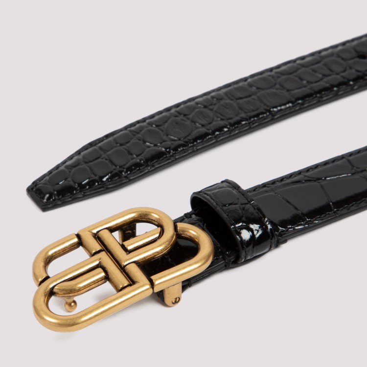 Balenciaga Crocodile Texture Belt With Gold-tone Interlocking Buckle In Black