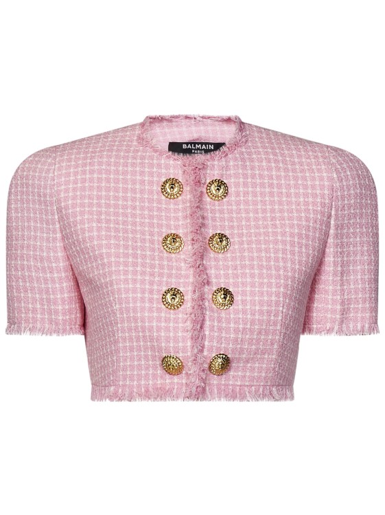 Balmain Cropped Pink Gingham Tweed Jacket