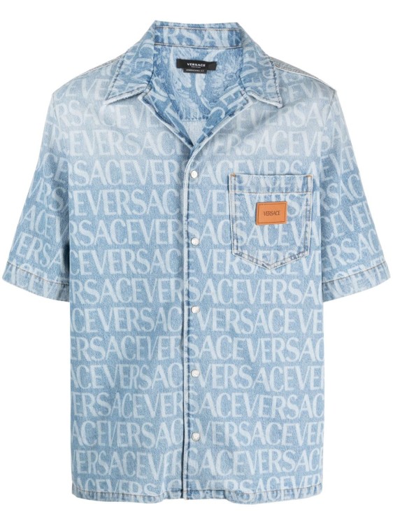 Shop Versace Allover Logo-print Denim Shirt In Blue