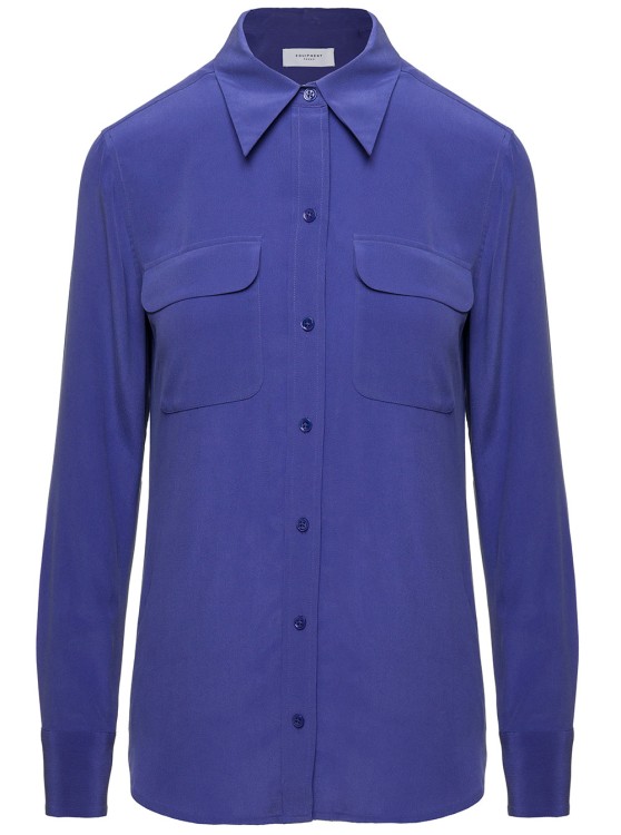 EQUIPMENT SLIM SIGNATURE' BLUE LONG SLEEVE SHIRT WITH POCKETS IN SILK