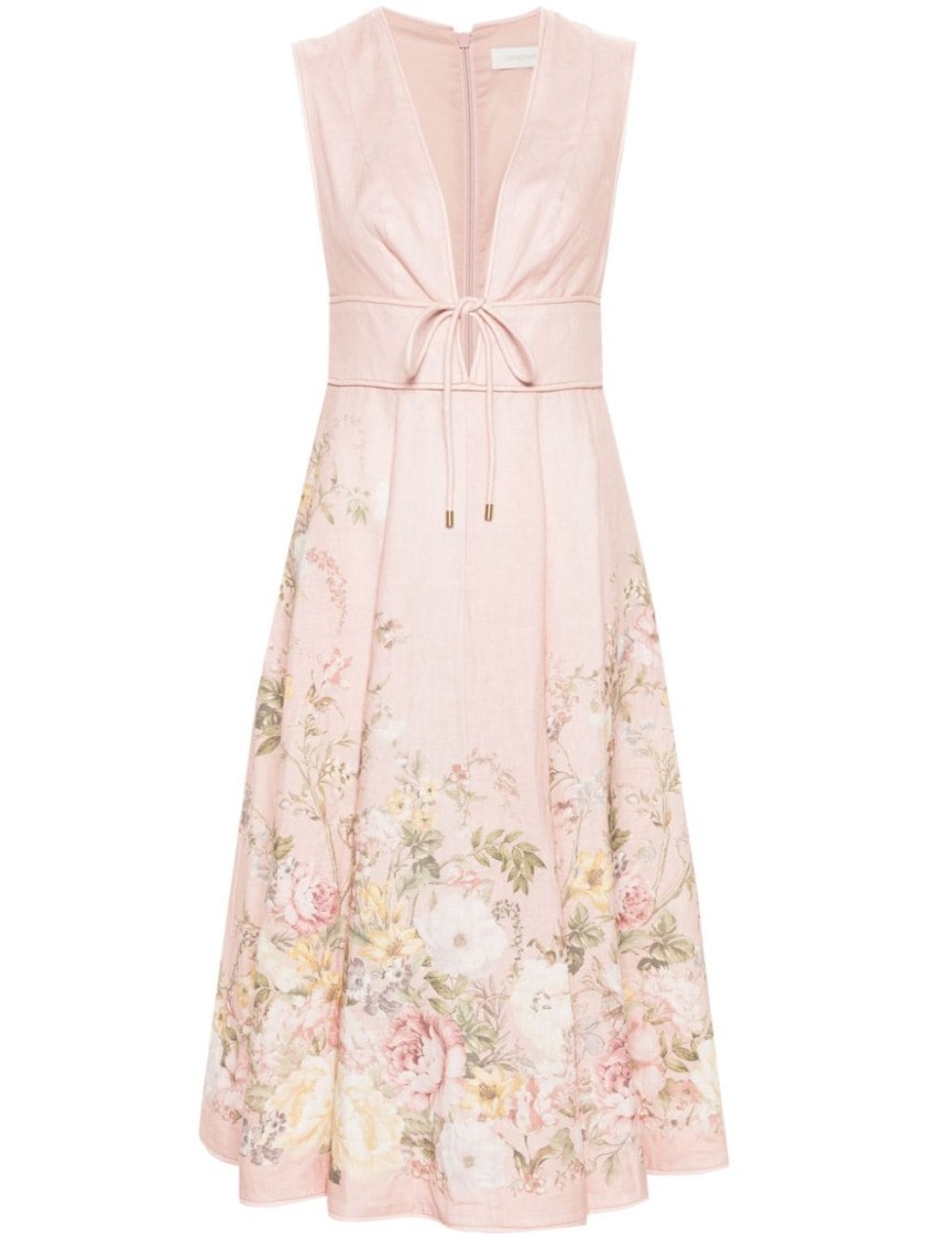 Shop Zimmermann Linen Dress With Floral Print And Adjustable Tie Waist In Neutrals