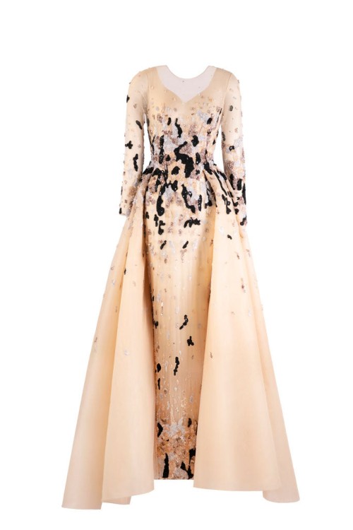 Shop Saiid Kobeisy Beaded Tulle Dress With Overskirt In Neutrals