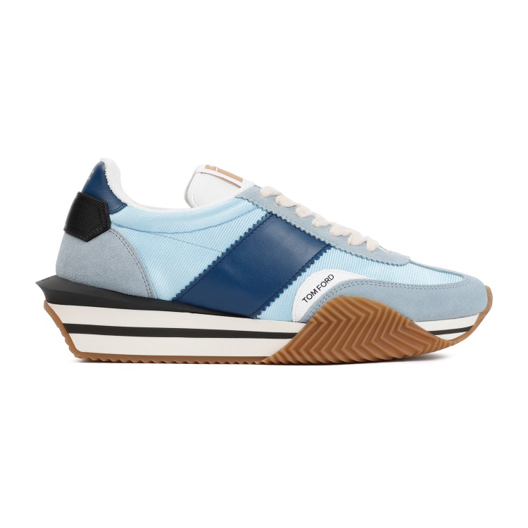 Shop Tom Ford James Light Blue Cream Suede Calf Leather Sneakers
