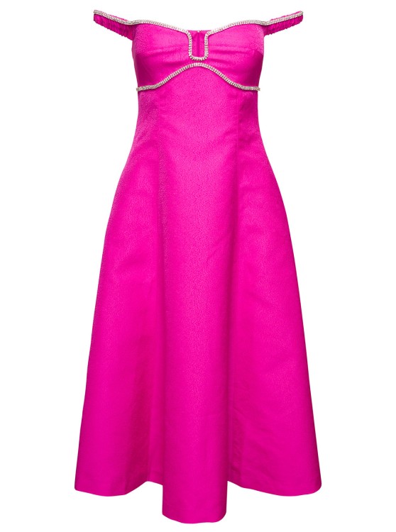 Shop Self-portrait Off-shoulder Flared Midi Dress With Crystal Embellished Detailing In Pink Satin